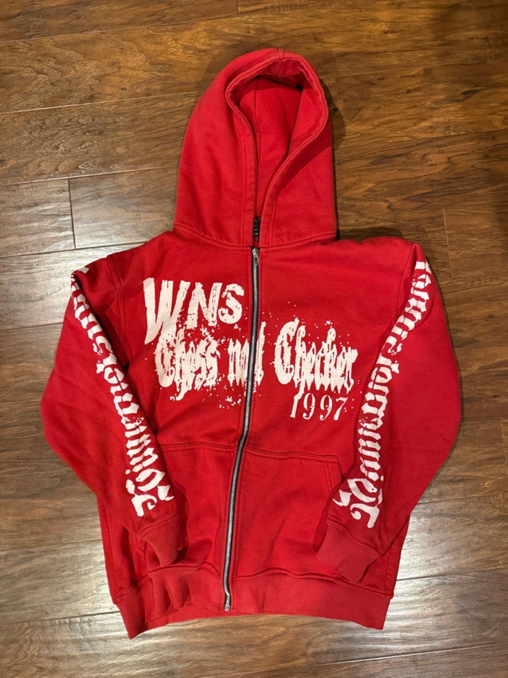 Red Graphic Full-Zip Hoodie with White Chest and Sleeve Print winner not siner